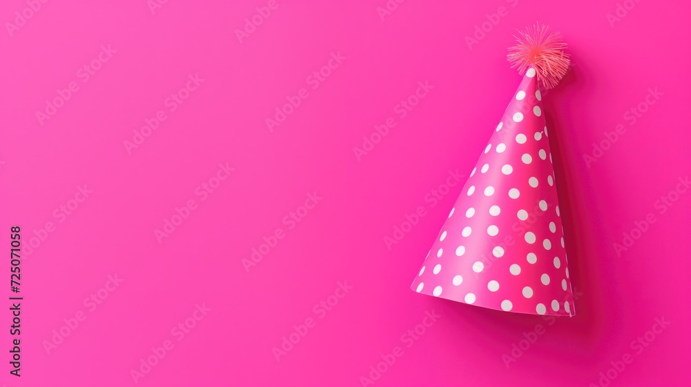 Bright pink party hat with polka dots isolated on a pink background