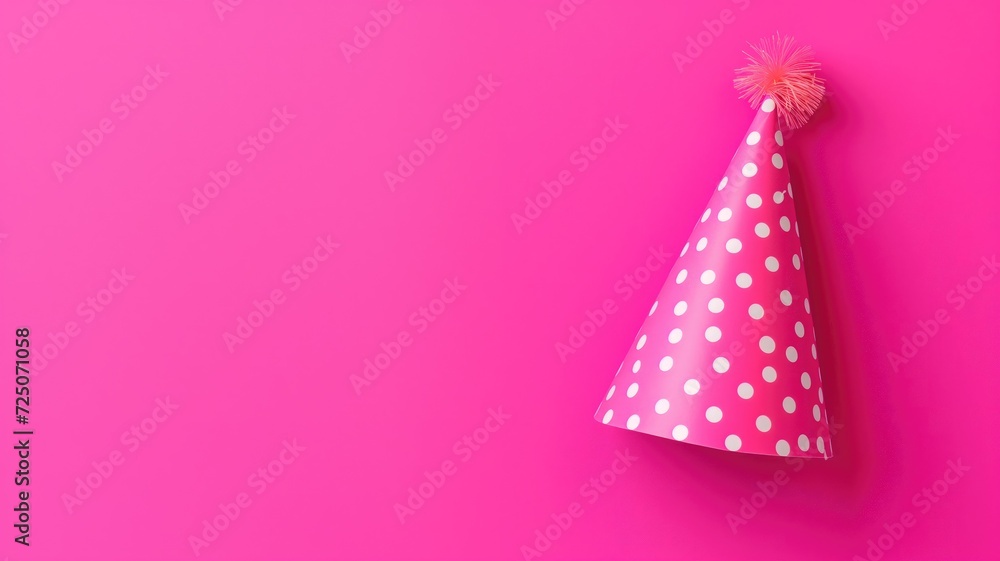 Bright pink party hat with polka dots isolated on a pink background Bright pink party hat with polka dots isolated on a pink background