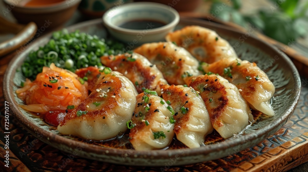 a close up of a plate of food with shrimp and broccoli on a plate with a dipping sauce. a close up of a plate of food with shrimp and broccoli on a plate with a dipping sauce.