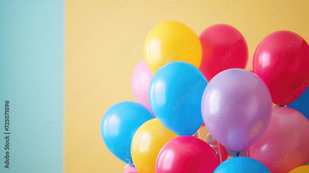 Bunch of colorful balloons against a pastel yellow and blue background Bunch of colorful balloons against a pastel yellow and blue background