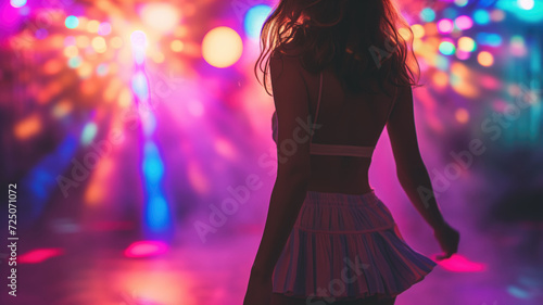 Young woman dancing in a nightclub, colorful lights in the background