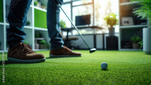 Person playing mini golf indoors, ball near hole. Leisure and sports concept photo