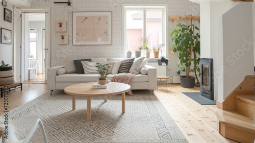 Modern living room interior with a cozy minimalist Scandinavian design. © mashimara
