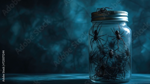 Fényképezés Spooky jar filled with black spiders on a dark, mysterious backdrop