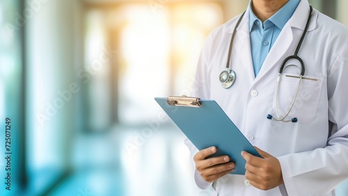 Doctor with stethoscope holding clipboard in hospital photo