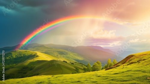 Majestic rainbow arching over green rolling hills © Artyom