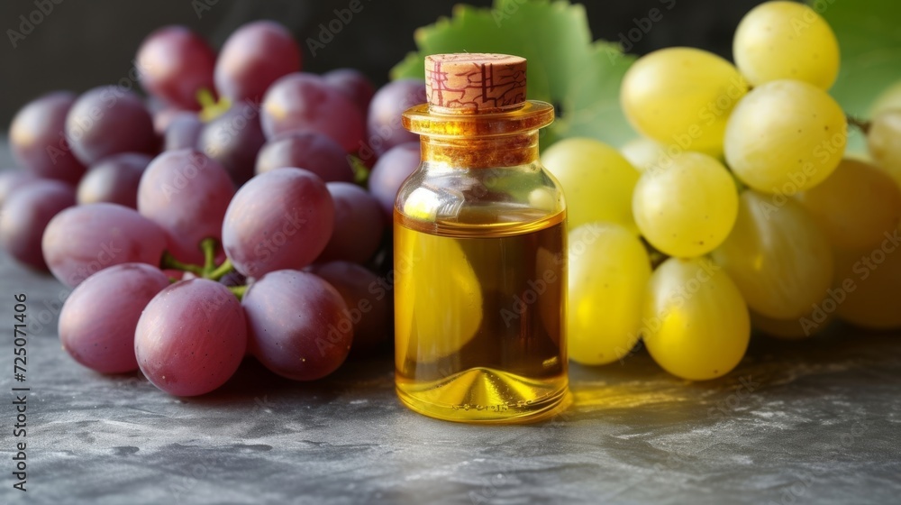 A bottle of grape oil with fresh grapes on a dark surface, healthy food A bottle of grape oil with fresh grapes on a dark surface, healthy food
