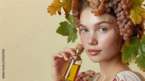 Young woman with grape elements and oil, concept beauty, space for text photo