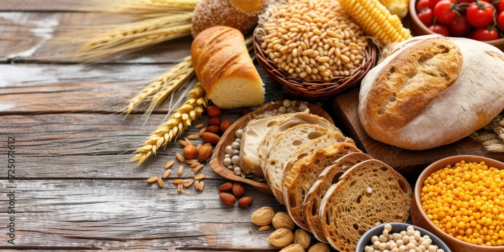 Fototapeta premium Assorted Breads and Grains on Wooden Table