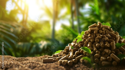 Biomass wood pellets pile and woodpile on blurred background with copy space for text