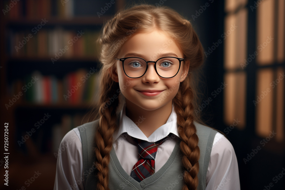 School girl in glasses, cute, pretty, smiling, looking at camera, back to school concept School girl in glasses, cute, pretty, smiling, looking at camera, back to school concept