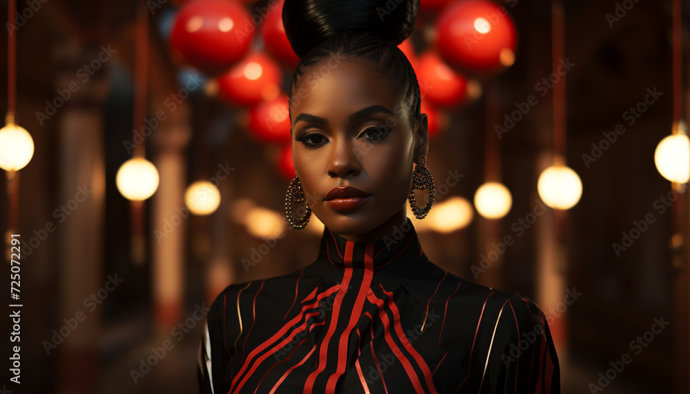A confident young woman, illuminated by city lights, smiling beautifully generated by AI A confident young woman, illuminated by city lights, smiling beautifully generated by AI