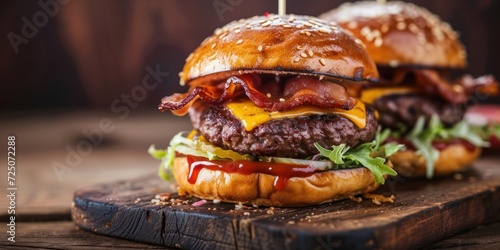 Two Cheeseburgers With Bacon and Lettuce on Cutting Board photo