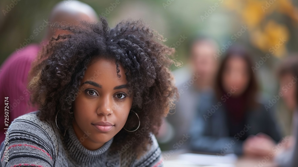 Depressed woman at mental health support group in community space with many participants Depressed woman at mental health support group in community space with many participants