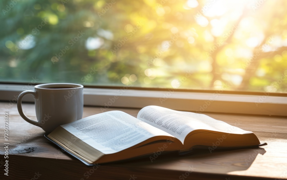 Cup of coffee and book on wooden table near window with sunlight Cup of coffee and book on wooden table near window with sunlight