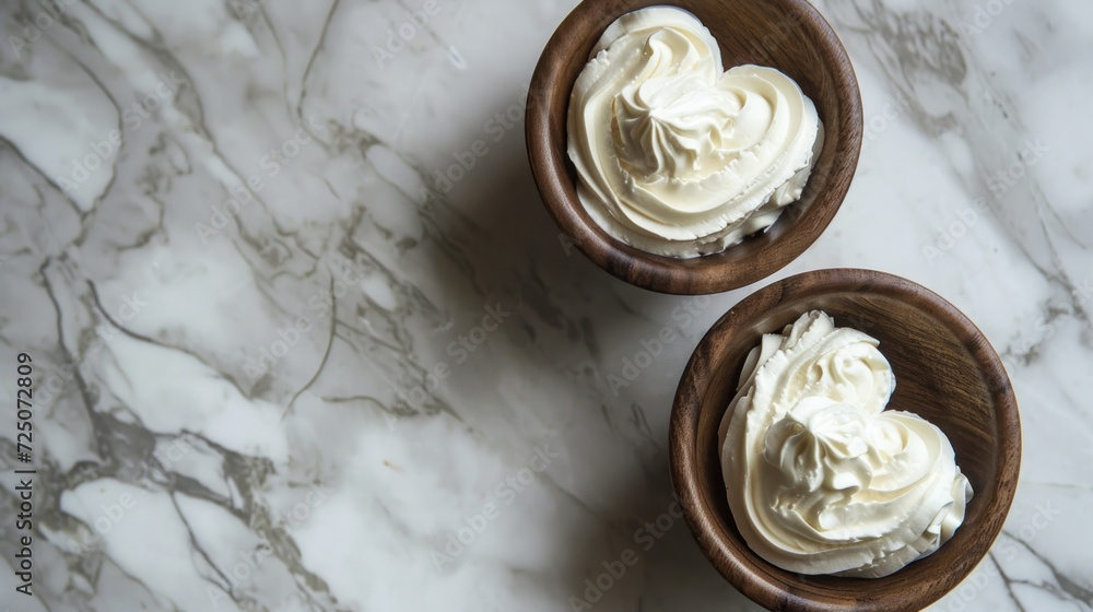 two wooden bowls filled with whipped cream on top of a white marble counter top next to a wooden bowl filled with whipped cream. two wooden bowls filled with whipped cream on top of a white marble counter top next to a wooden bowl filled with whipped cream.