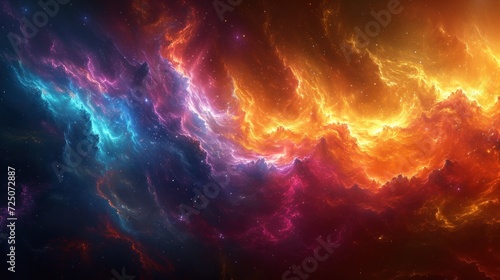  a colorful space filled with lots of stars and a bright orange and blue cloud in the center of the picture.
