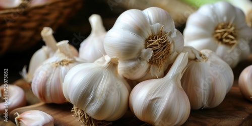 A Pile of Garlic on Wood Table