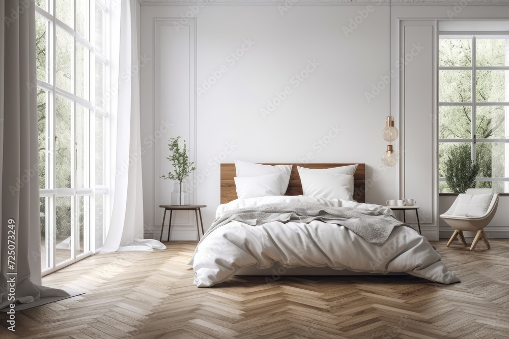 Over a traditional bedroom with a double bed and velvet headboard, parquet flooring, and minimalist interior architecture, a wooden table top or shelf with contemporary minimalist vases,