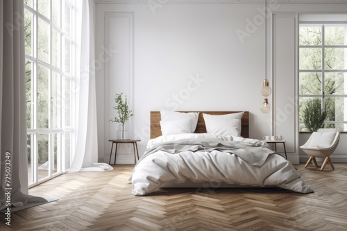 Over a traditional bedroom with a double bed and velvet headboard, parquet flooring, and minimalist interior architecture, a wooden table top or shelf with contemporary minimalist vases, © Vusal