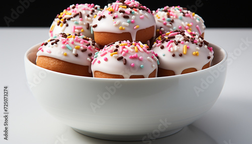 Freshly baked, indulgent chocolate donut with colorful candy decoration generated by AI