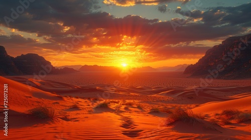  the sun is setting over the desert with a trail in the middle of the desert with sand dunes in the foreground and mountains in the background.