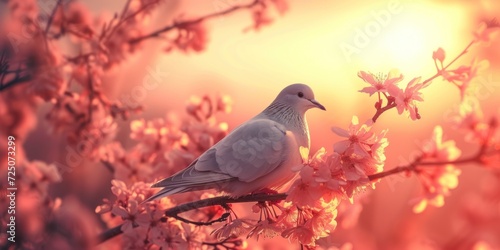 White Bird Perched on Blossoming Tree Branch