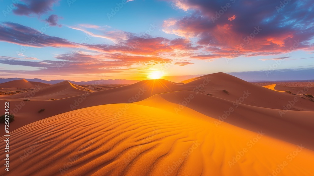 Sweeping dunes of the desert under a clear sky, with golden sands creating a patterned texture.
