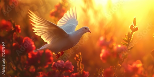 White Bird Flying Over Field of Flowers © FryArt