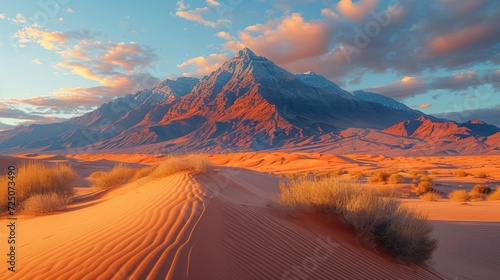  a desert with sand dunes and a mountain in the distance with clouds in the sky and grass in the foreground.