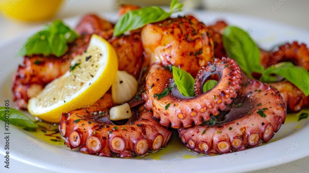 Grilled octopus with lemon and rosemary on a white plate. Grilled octopus with lemon and rosemary on a white plate.
