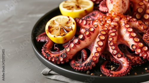 Grilled octopus with lemon slices and basil on a dark plate and gray surface.