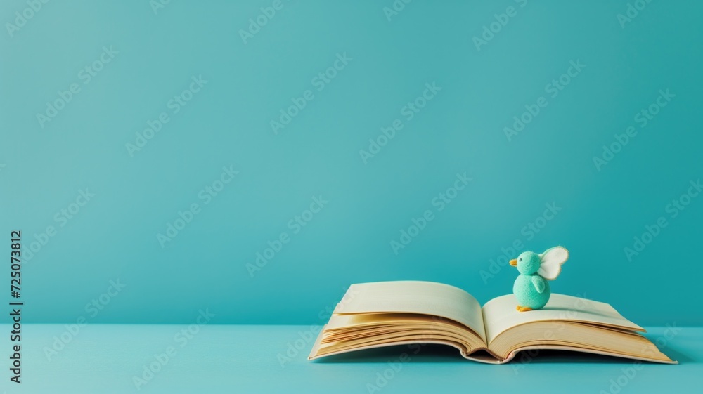 A whimsical scene with a plush toy angel on an open book A whimsical scene with a plush toy angel on an open book
