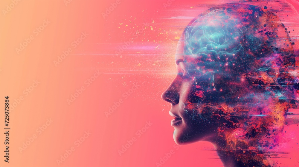 Woman's silhouette with brain and cosmic overlay