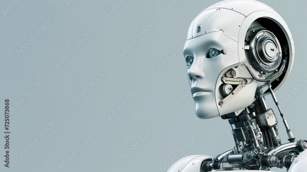 Realistic humanoid robot head, AI concept image Realistic humanoid robot head, AI concept image