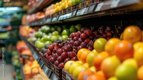 Vibrant selection of fresh fruits on grocery store shelves