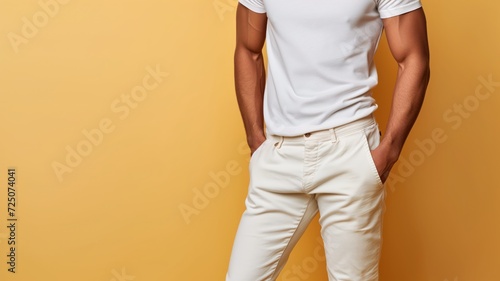 Back view of a man in casual white tee and beige pants photo