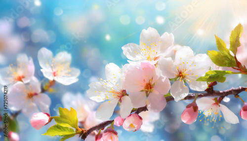 Spring blossom background. Beautiful nature scene with blooming tree and sun