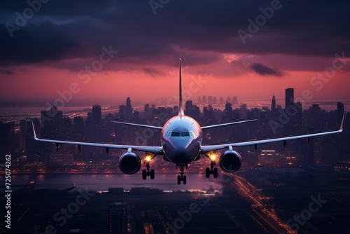 Airplane in flight over cityscape during vibrant sunset