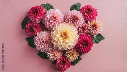 Heart shape made of fresh dahlia flowers in complementary colors. Valentine s day photo