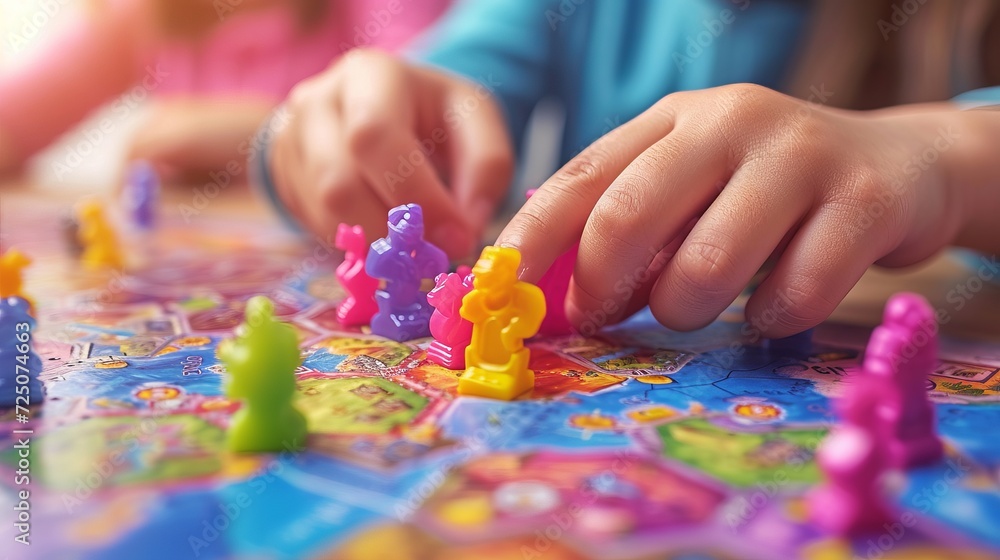 Excited children s hands deeply engrossed in a lively board game filled with fun and laughter Excited children s hands deeply engrossed in a lively board game filled with fun and laughter