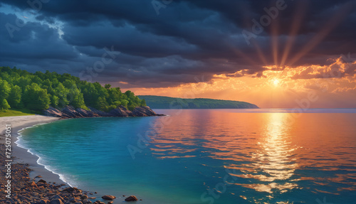 Tranquil nature scene with majestic sunset over a large ocean bay, showcasing a beautiful shoreline and the play of light on the water