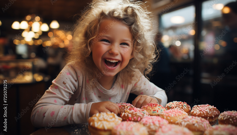 Smiling girl enjoys sweet food, Christmas joy in cozy home generated by AI
