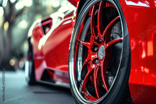 Automotive sport wheel with car visible between spokes