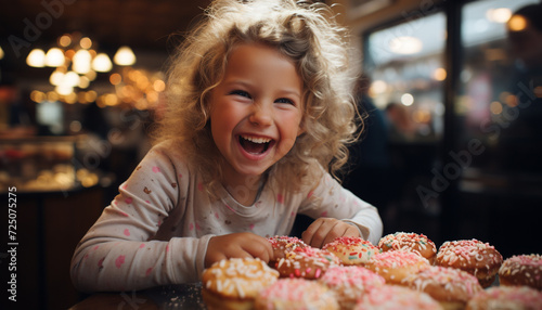 Smiling girl enjoys sweet food  Christmas joy in cozy home generated by AI