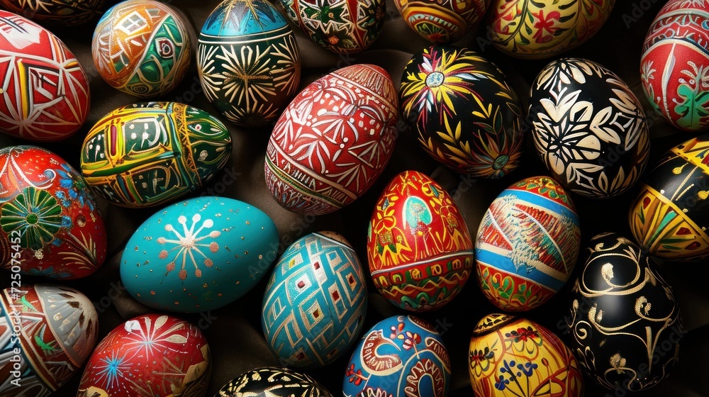 a pile of colorfully painted eggs sitting on top of each other on top of a black tablecloth covered table. a pile of colorfully painted eggs sitting on top of each other on top of a black tablecloth covered table.