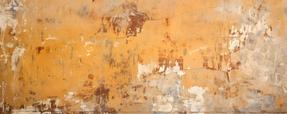 Aged cracked grunge background featuring torn, faded, peeling gold, black, and gray paint