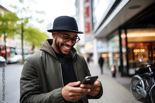Smiling african american man using smartphone on city street