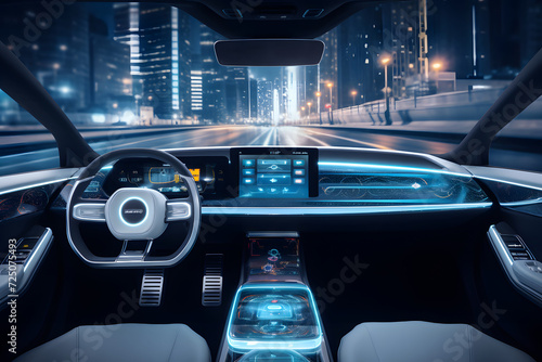 Futuristic autonomous car cockpit with hud screen and ai infotainment system