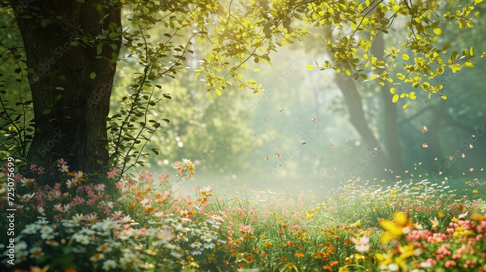  the sun shines through the trees and flowers in a field of wildflowers and daisies in the foreground.